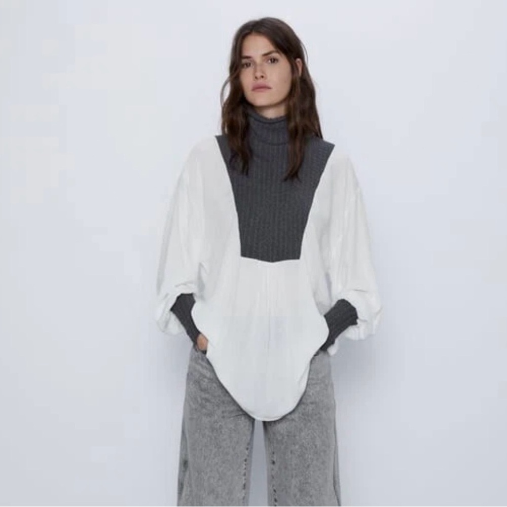 Zara Contrast Cable Knit Long Sleeve Mock Neck Blouse Tunic Women’s Medium